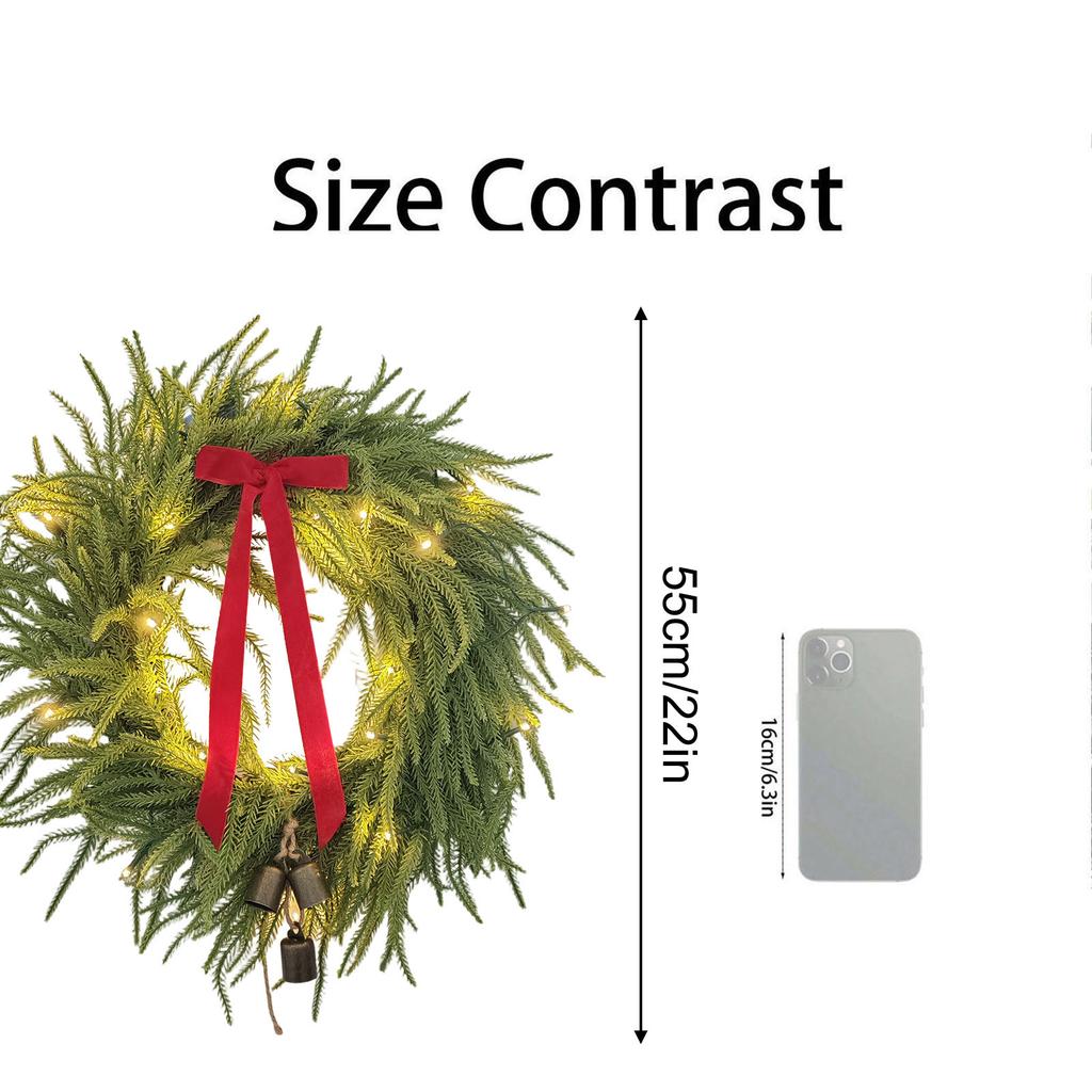 Artificial Pine Needle Wreath with LED Lights and Decorative Ribbon for Indoor Outdoor Holiday Display Home Wall Door Hanging