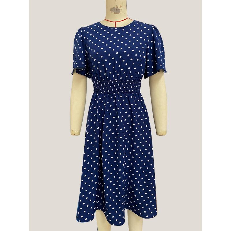 Damen Frühling und Sommer Neue Elegante Polka Dot Kurzarm Kleid Bereich Taille Schlank Kleine Schaukel A-linie Kleid Frauen