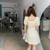 Summer Short Dress Solid Color Square Neck Waist Thin Bubble Sleeve Irregular Pleated Short Sleeve Dress