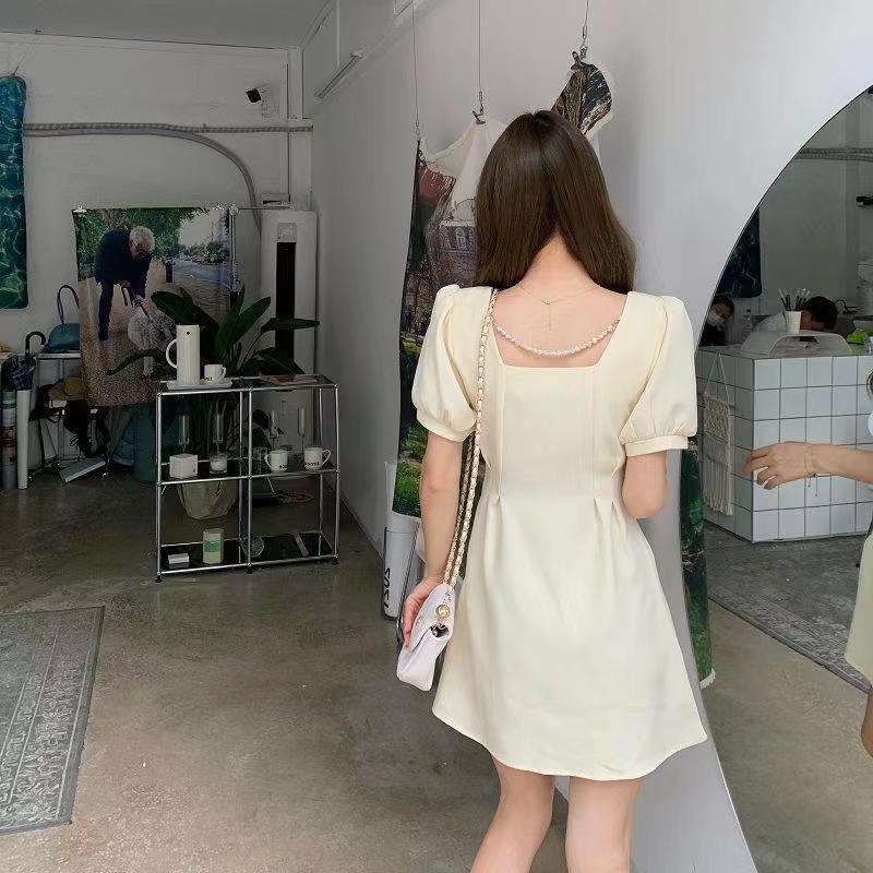 Summer Short Dress Solid Color Square Neck Waist Thin Bubble Sleeve Irregular Pleated Short Sleeve Dress