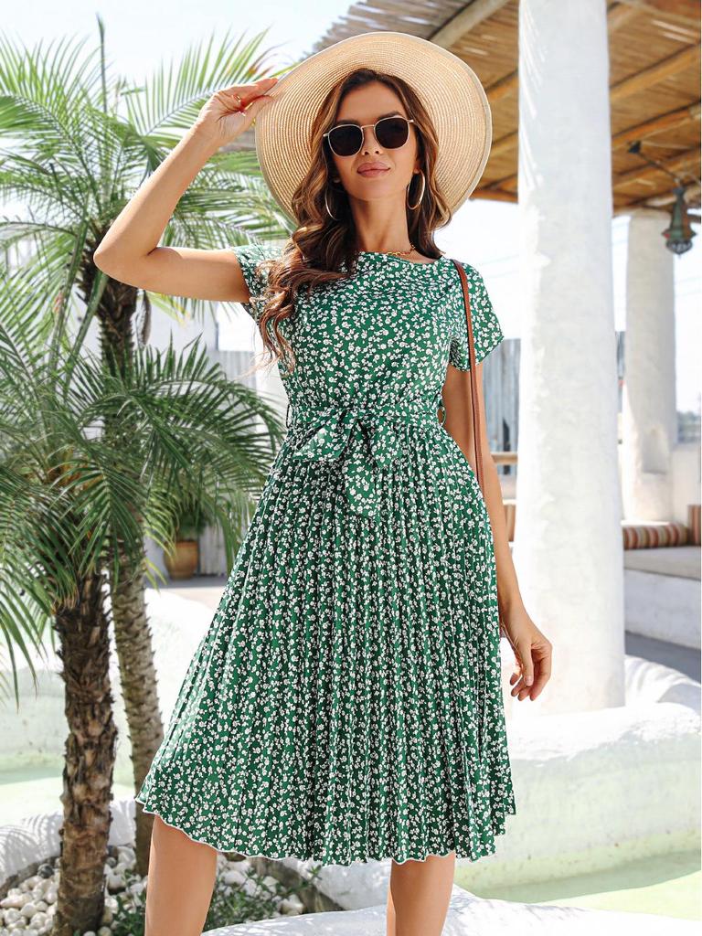 2023 Spring/Summer Women's Floral Tie-Up Dress with Pleated Skirt - European & American Style, Short-Sleeved, Casual