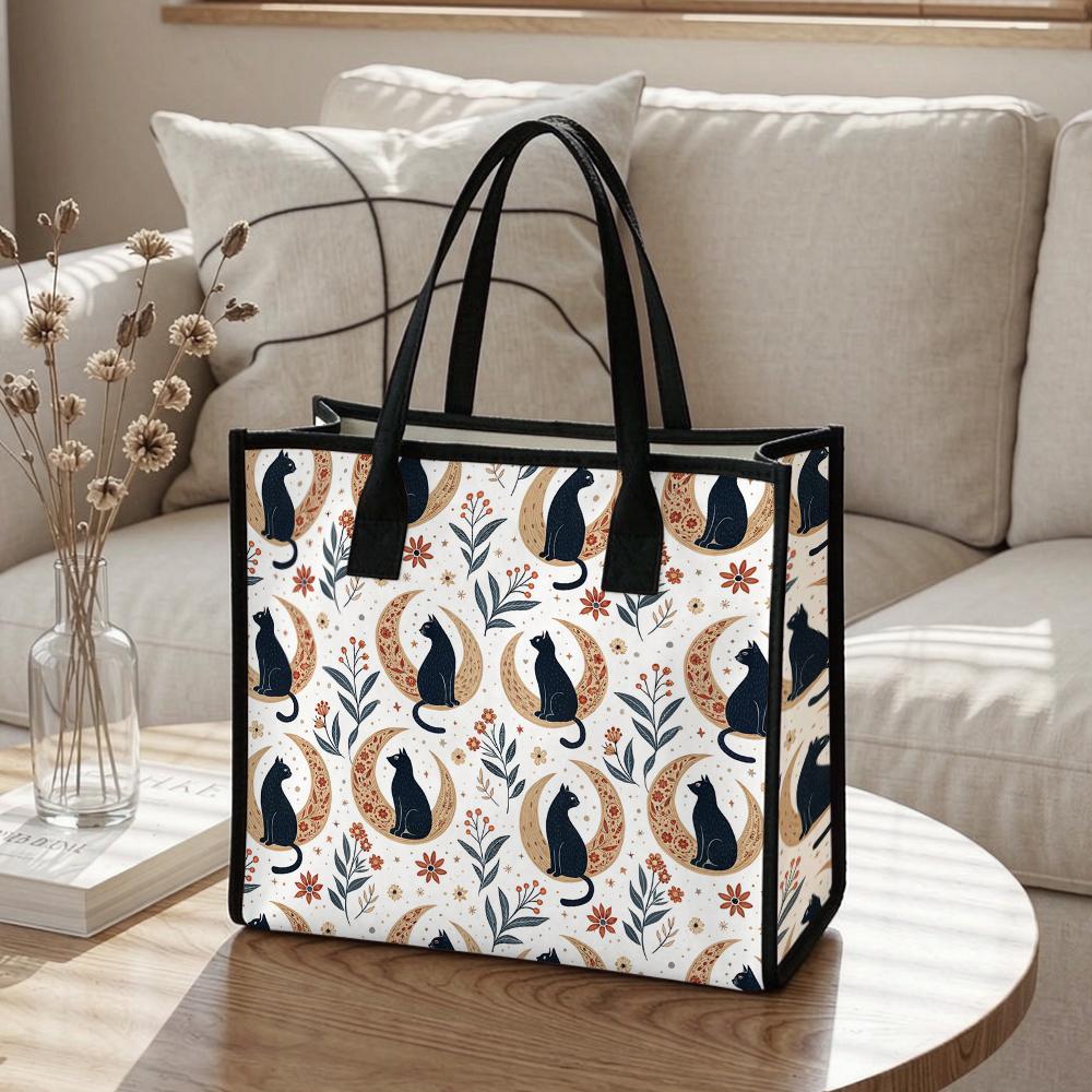 Boho Black Cat Moon Print Canvas Tote Bag Casual Daily Carry Shoulder Bag for Women Reusable Shopping Handbag