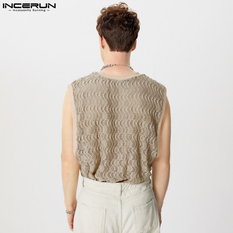 INCERUN Men Mesh Fishnet Sleeveless Tank Tops Lace Patchwork Summer Vest