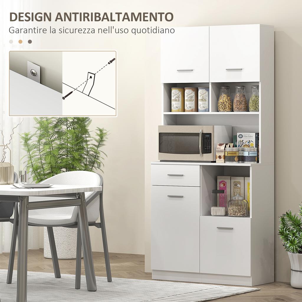 Mobile Dispensa in Legno con Cassetto, 4 Ante e 3 Ripiani Aperti, 80x35x180 cm, Bianco