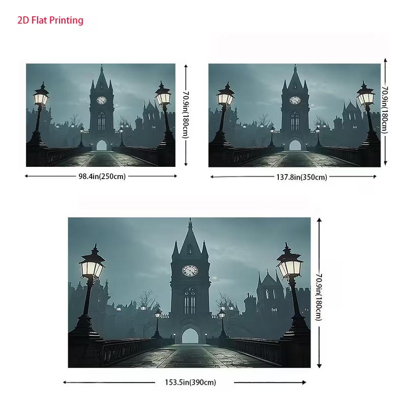 2D Victorian Dark City Backdrop 2D Clock Tower Street Lamp Photo Background for Photo Booth Props