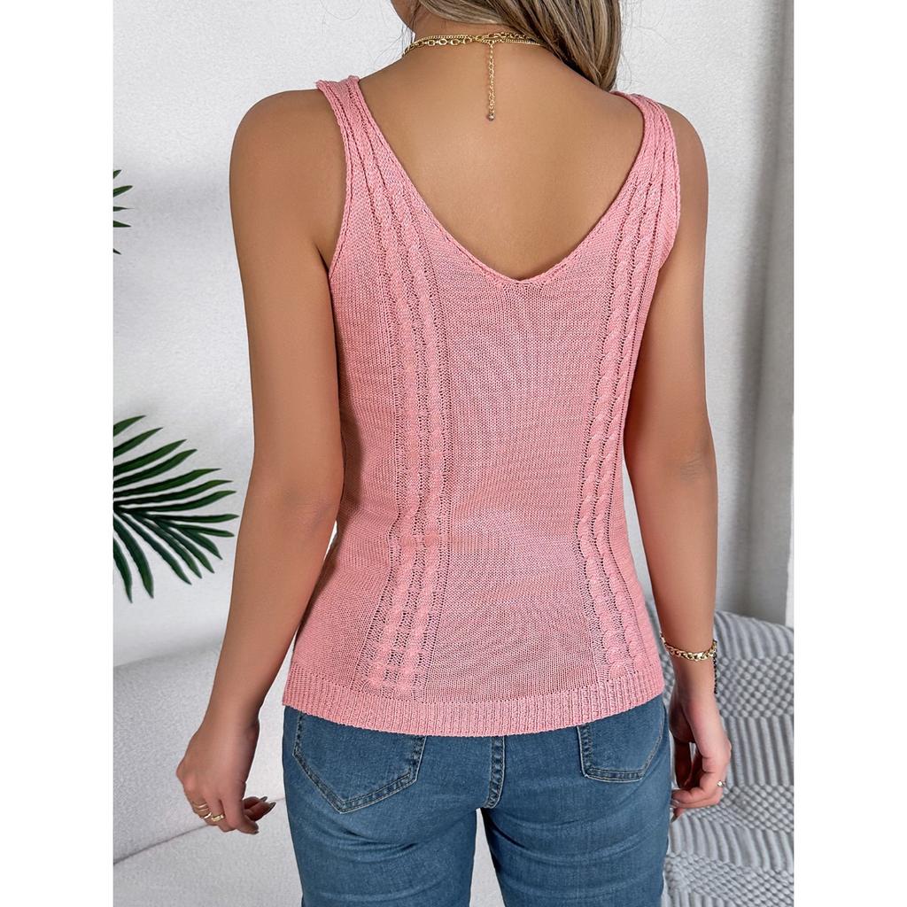 HNXC Spring Summer Solid-color V-neck Cut-out Sleeveless Knitted Sweater Vacation Vest Women's Wear