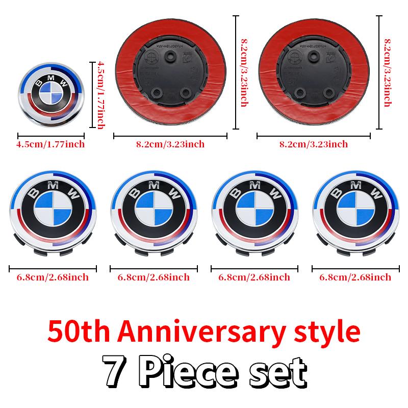 DJSA5 Hood Trunk Wheel Steering Badge 7Pcs Emblem Set For BMW E46 E90 F10 F30 G20 X5 82mm 74mm 68mm 56mm 45mm 50th Anniversary Car