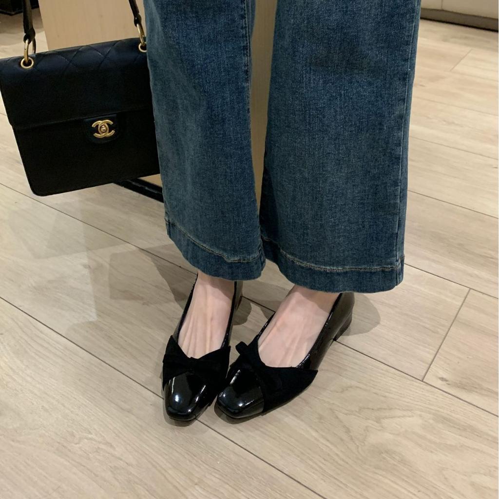 French Thick Heel Fairy Patent Leather Bow Single Shoes Light Mouth Square Head Commuting Splicing Low Heel Shoes Gentle Red Nude