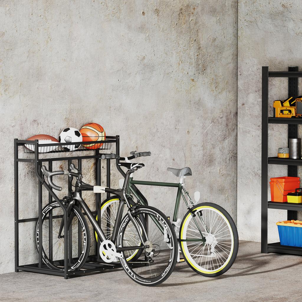Bike Rack 3 Bike Parking Stand With Top Basket 4 Hooks 90 X 54 X 100 Cm Black