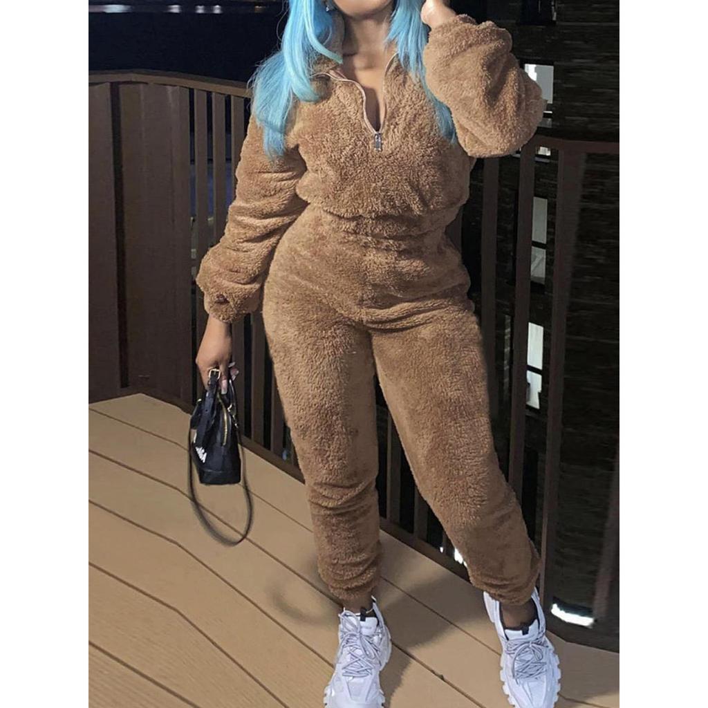 Winter Plush Two Piece Set Casual Home Warm Suit For Women Fashion Zipper Lapel Pullover Top Elastic Waist Trousers Suit