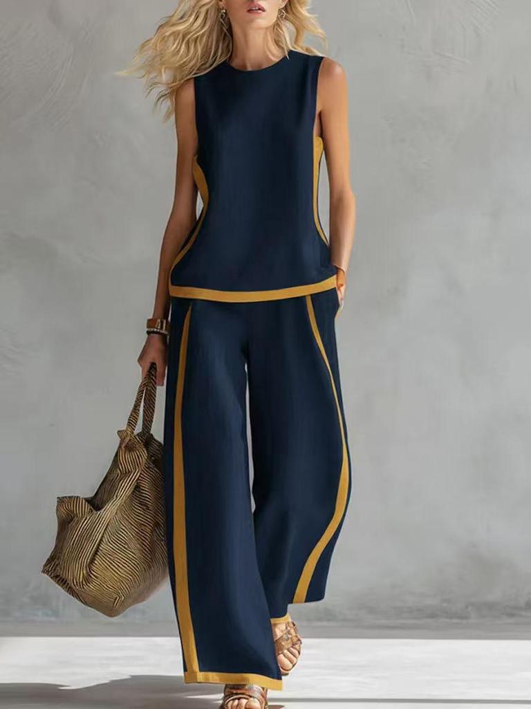 2026 Mouwloze Kleurblok Wijde Pijpen Jumpsuit: Dames Zomer Casual Mode Tweedelig Set, Europese & Amerikaanse Stijl