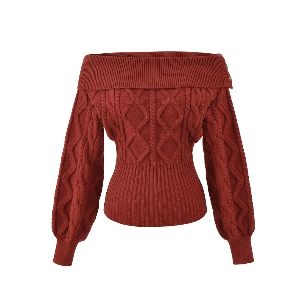 Women's French Off-Shoulder Cable Knit Pullover - Slimming Waist, Long-Sleeve Casual Sweater for Autumn/Winter