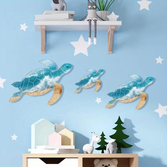 Tropical Wall Decorations 3Pcs Wooden Turtle Art, Ocean Theme Hanging Ornaments for Bathroom Room Decor Living Bedroom, Coastal Beach Style