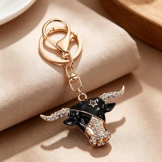 Creative Bull Head Keychain Alloy Animal Pendant with Colored Rhinestone Lobster Clasp Stylish Accessory for Keys Bags Backpacks Gift