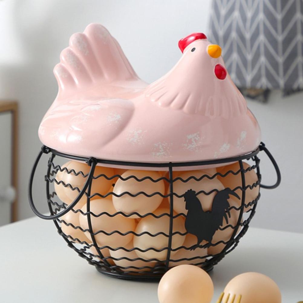 Storage Basket Iron Ceramic Hen Ornament Egg Fruit Container with Handle Kitchen Supplies