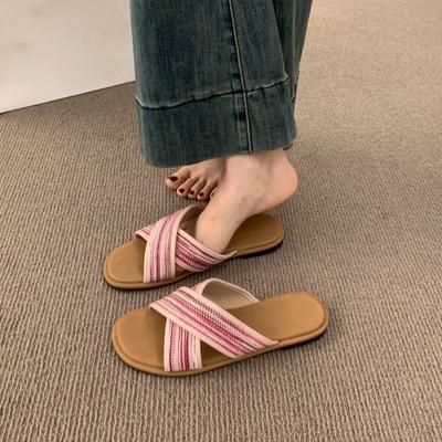 Fashion Casual Cross-band Flat-bottomed Slippers Women's Summer Wear 2025 New with Skirt Fairy Wind Beach Cool Slippers