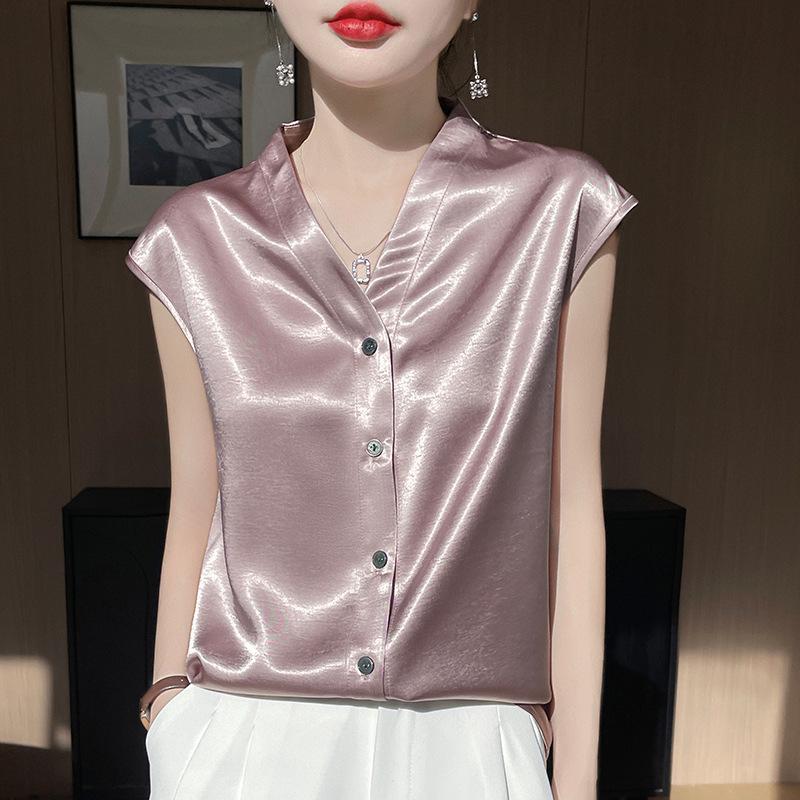 

2025 Spring/Summer Women s Silky Satin V-neck Flutter Sleeve Cardigan Top XXL