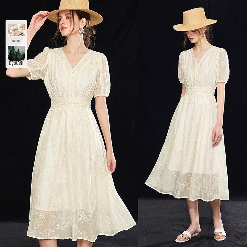 Wudao Tencel French Romantic V-Neck Puff Sleeve Dress XL