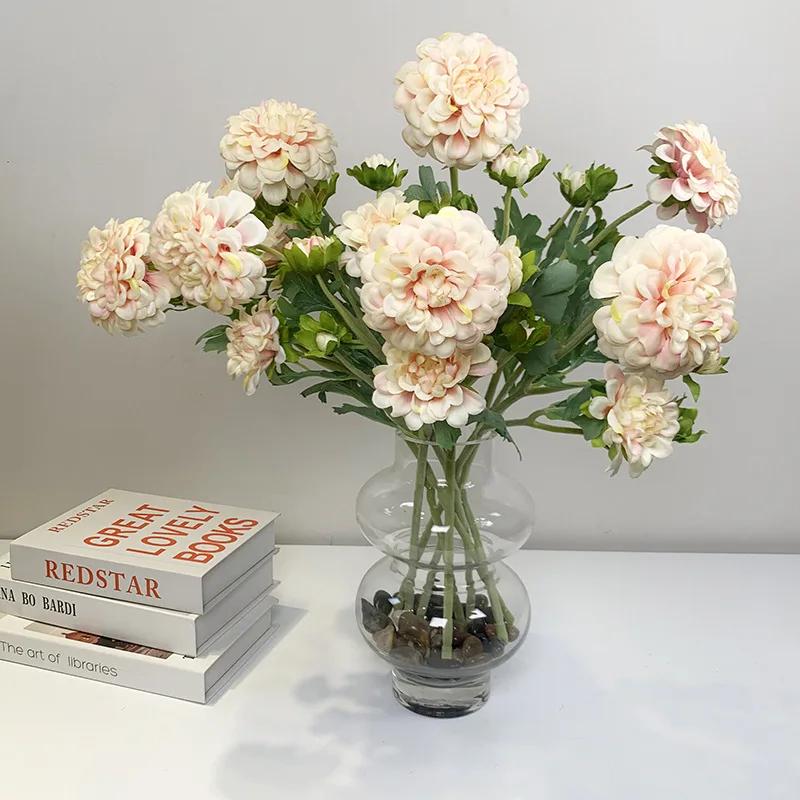 6Pcs Artificial Moisturizing 5-head Dahlia Real Touch Flowers Wedding Decor Flower Arrangement Fake Dahlia Party Home Decoration