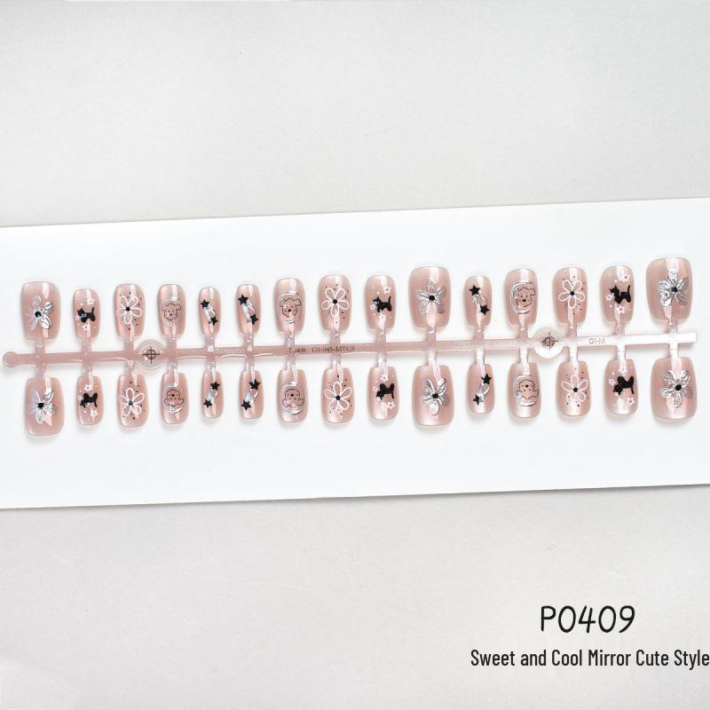 30-Piece Cute Cat Eye Mirror Nail Tips with Bow & Rabbit Cartoon Design - Versatile & Wearable Daily