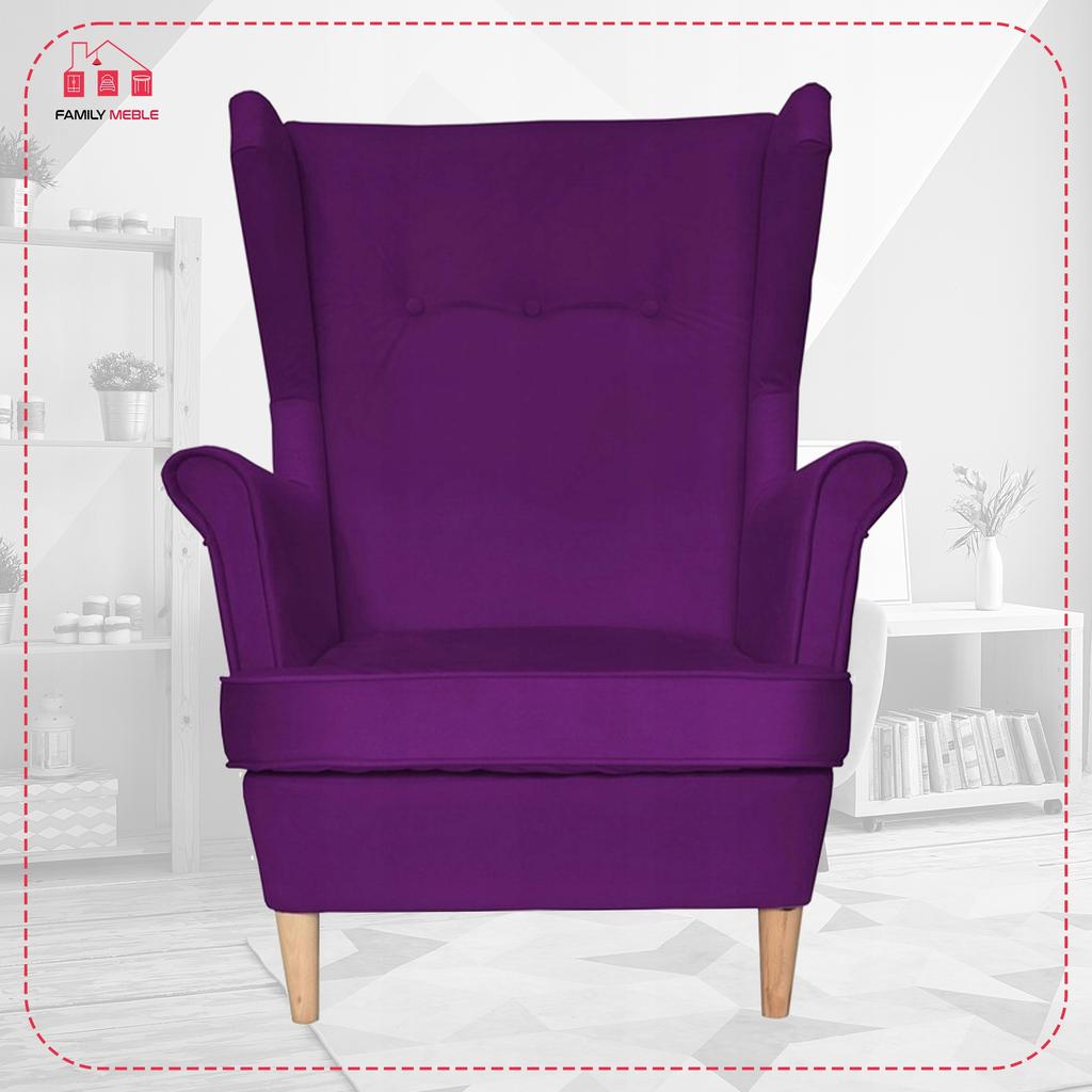 Fotel uszak ARI z podnóżkiem, skandynawski Family Meble fiolet śliwka