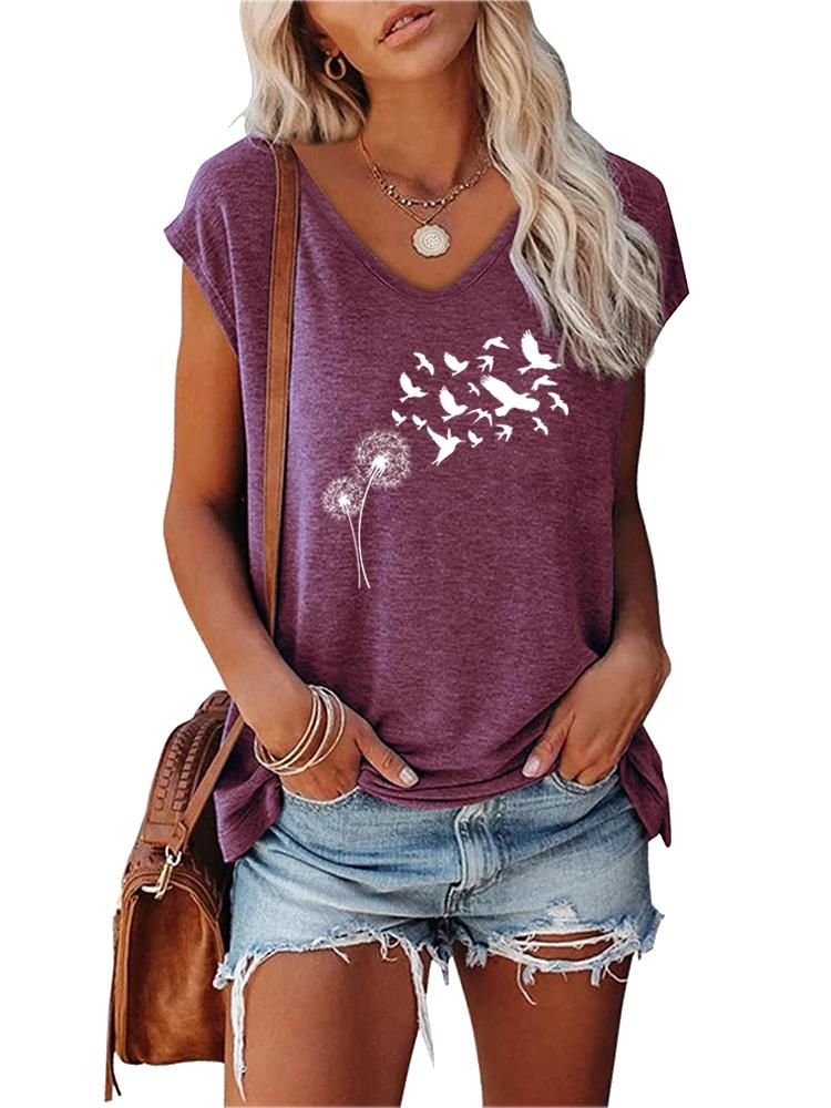 Women Fashion V Neck T-shirt Short Sleeve Top Summer Casual Print Tee Shirt