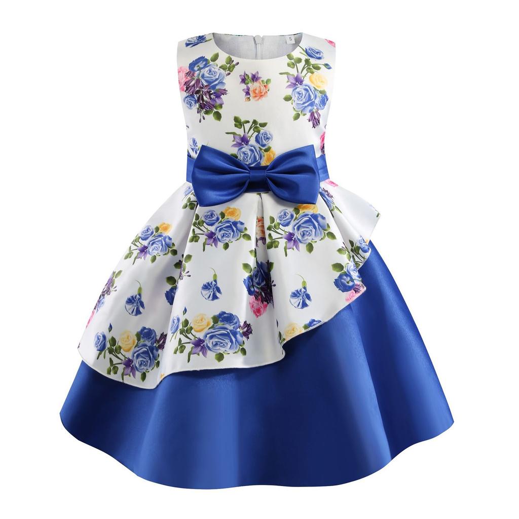 Vestito da Bambina Vestito da Principessa con Fiocco Stampa Floreale Vestito con Orlo Irregolare