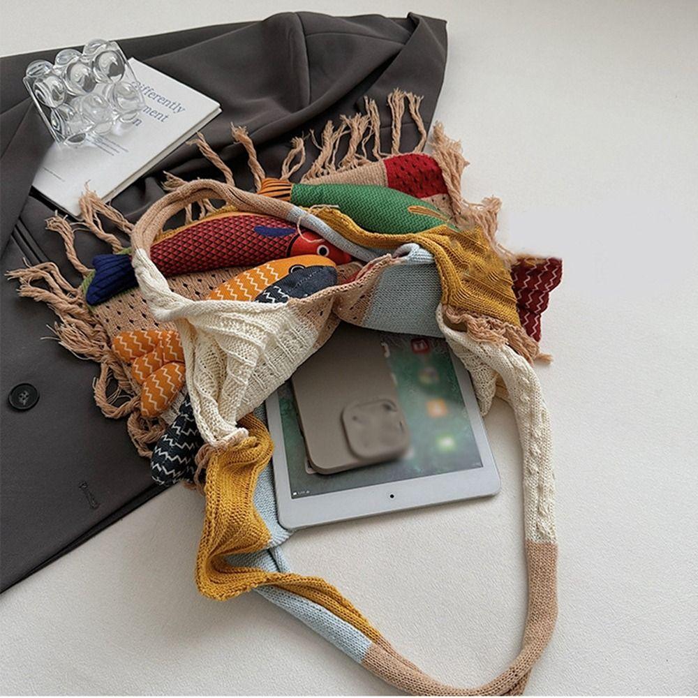 Summer Cotten Crochet Shoulder Bag Fish Tassels Beach Handbag Hollow Out Weave Bag  Shopping Bag