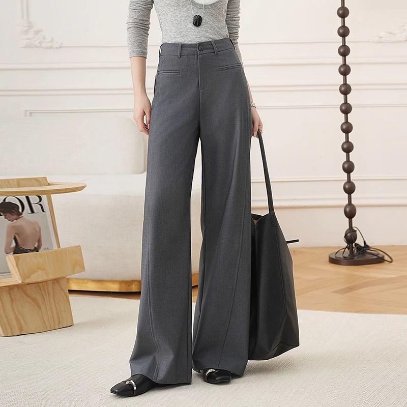 

Women s Gray High-Waist Wide-Leg Suit Pants - Spring/Autumn, Slimming, Floor-Length, Loose Fit 2XL (125-140 lbs)