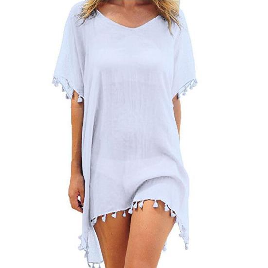 Summer Fashion Solid Color Tassel Chiffon Women Swimwear Bikini Cover Up Dress