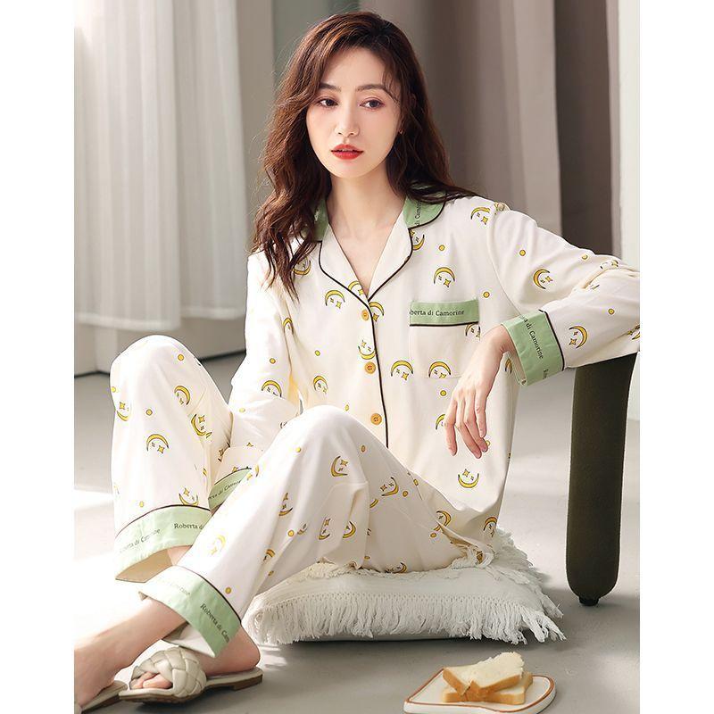 Women's 100% Cotton Long-Sleeve Pajamas for Middle-Aged & Elderly - Loose Cardigan for Autumn/Winter