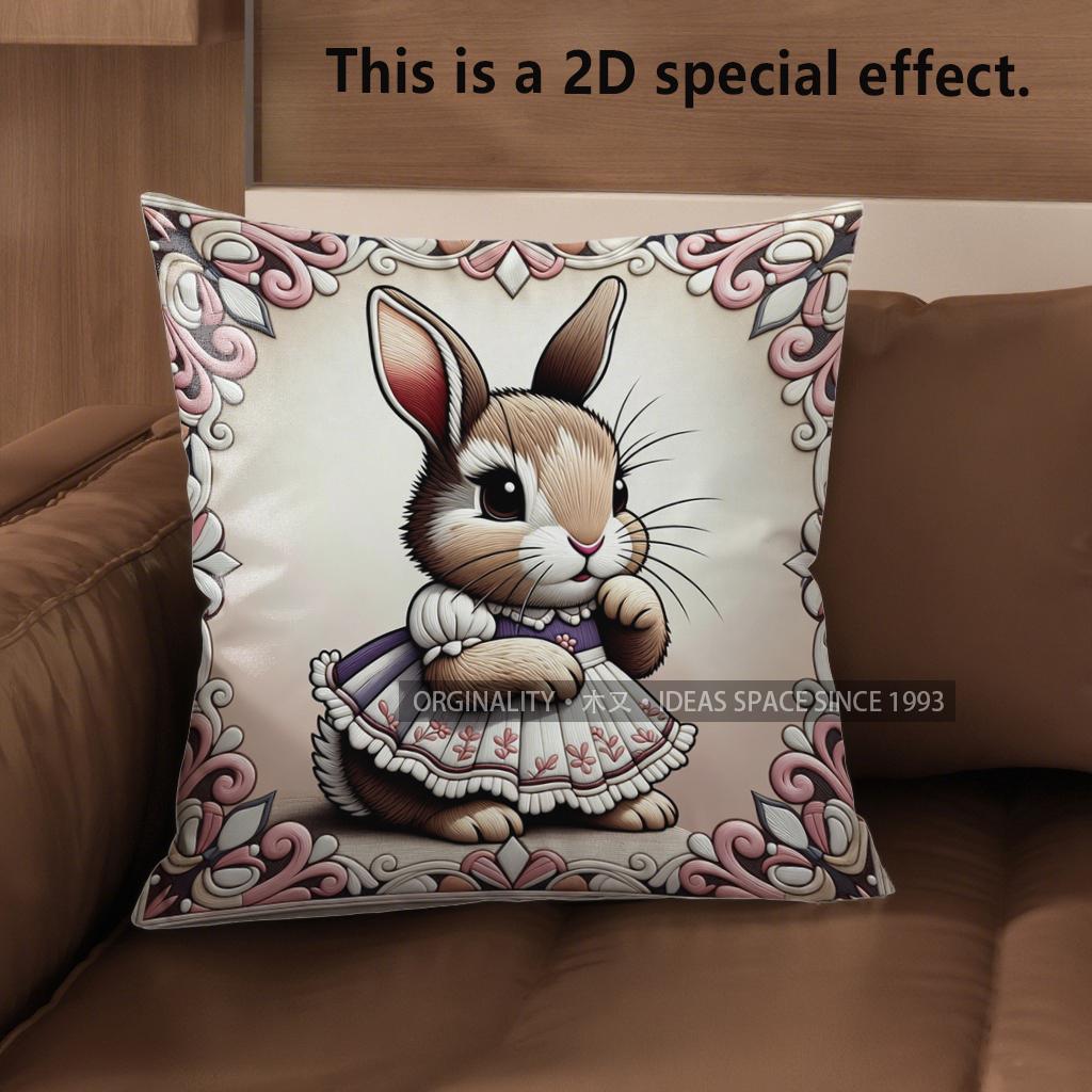 

2D Cute Bunny Dressed In Pink Floral Dress Pillow Covers Pattern Cushion Cover Suitable For Sofa Bedroom Car Pillow Cover 40x40cm