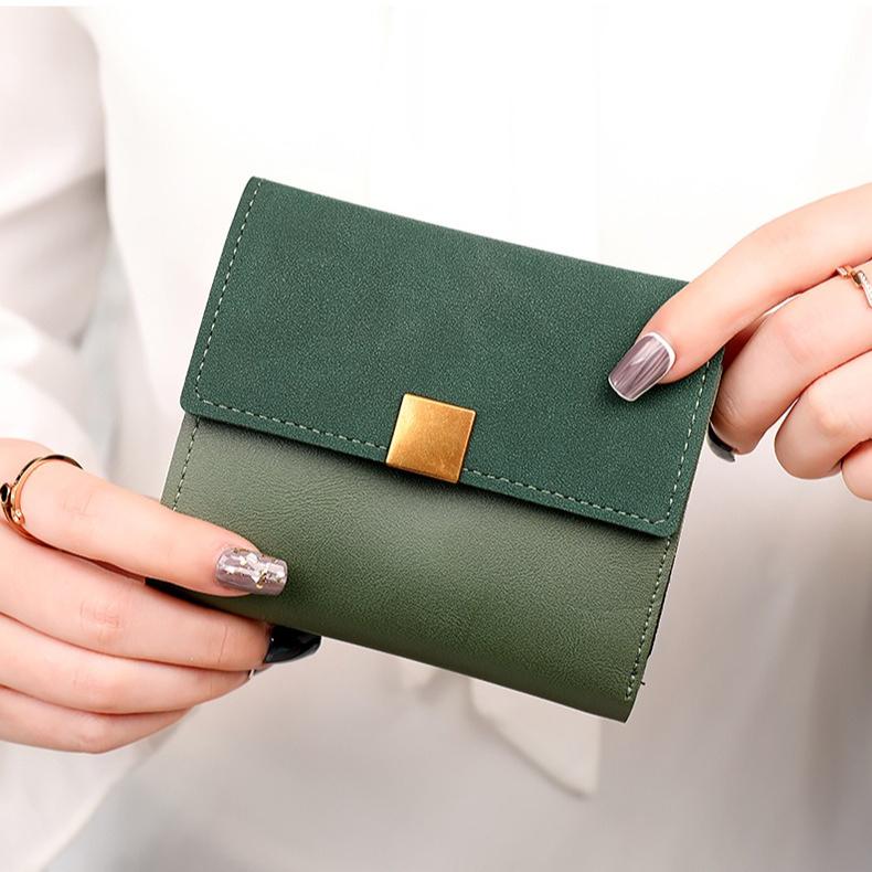 Women PU Leather Short Wallet Color Block Bifold Wallet Card Holder ID Window Coin Pocket Cash Organizer Clutch Purse