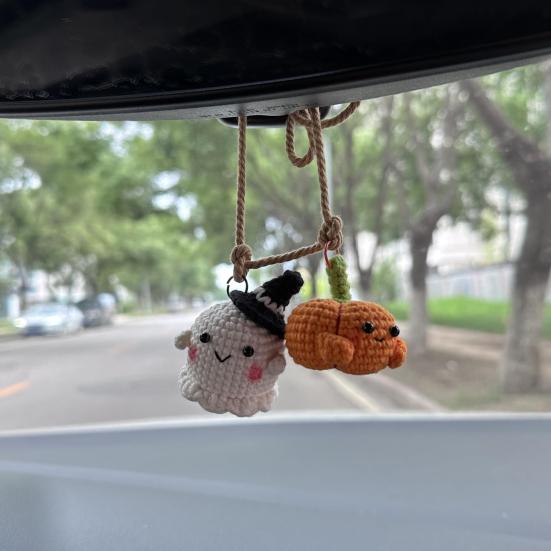 Yousheng Halloween Crochet Pumpkin And Ghost Car Pendant Handmade Mini Knitted Ghost Pumpkin Hanging Ornament for Car Rear View Mirror Interior
