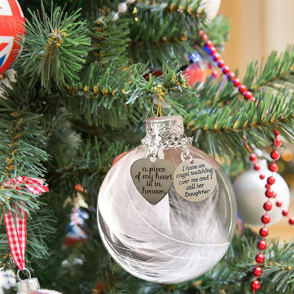 Clear Christmas Memorial Ornament Feather Ball, A Piece of My Heart is in Heaven, Christmas Tree Memorial Hanging Pendant Gift for Mom, Dad, Son,