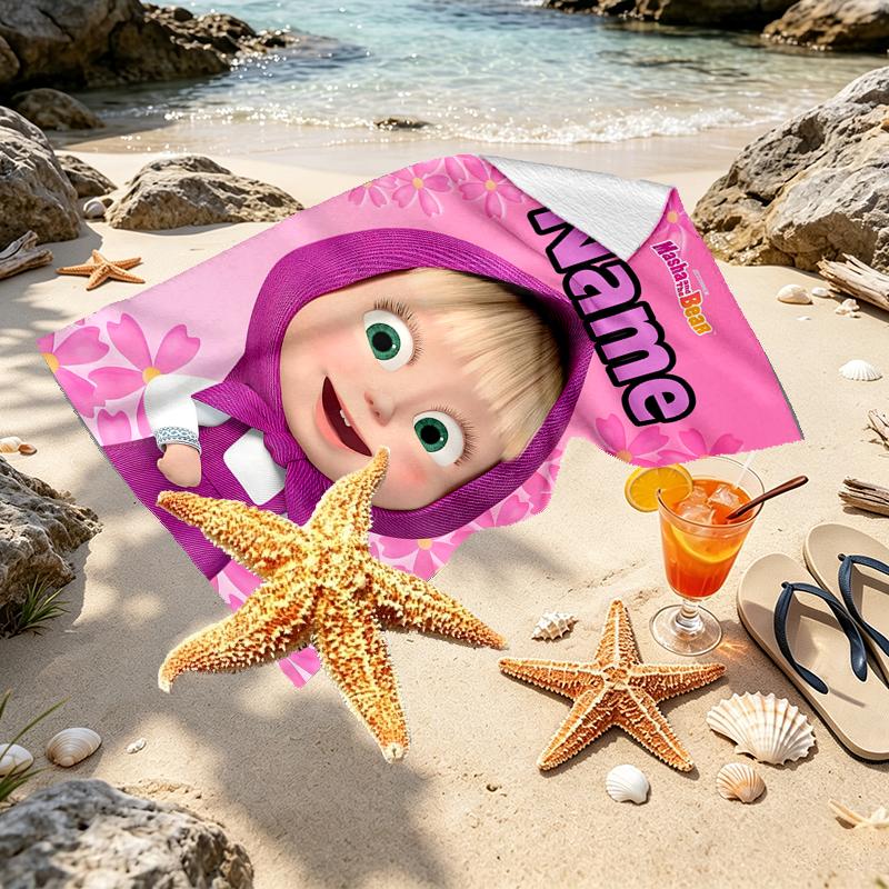 Asciugamano da Spiaggia Personalizzato con Nome Masha e Orso, per Viaggio Campeggio Festa in Spiaggia Decorazione Casa, Regalo di Compleanno per Famiglia e Amici