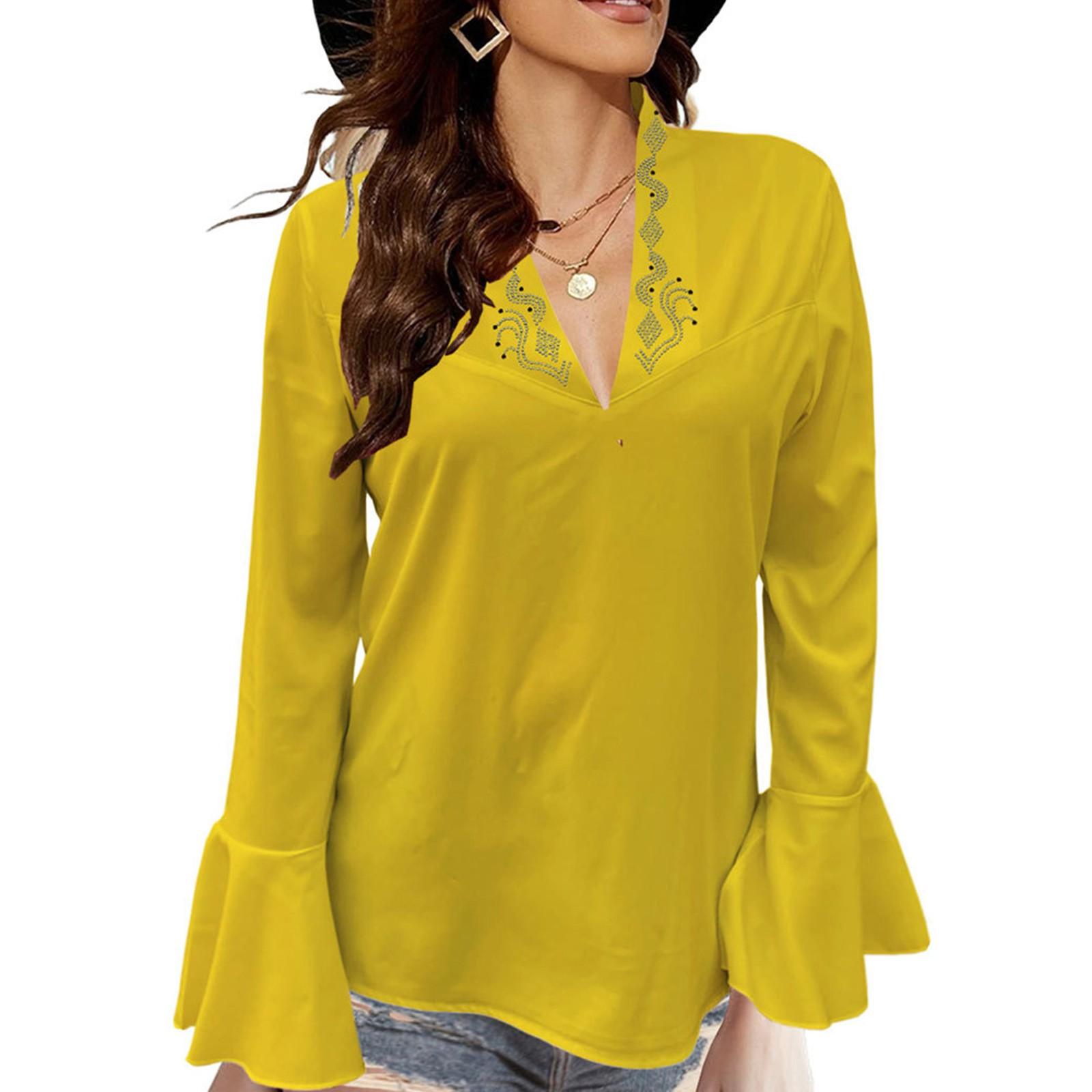 

Женская модная рубашка с V-образным вырезом, отделкой стразами, однотонная, с оборками, с длинным рукавом XL жёлтый