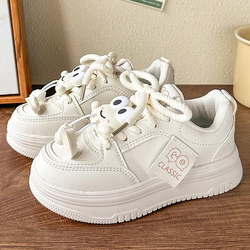 Kids Cartoon Decor Thick Sole Lace Up Casual Low Top Leather Sneakers 28 бежевый