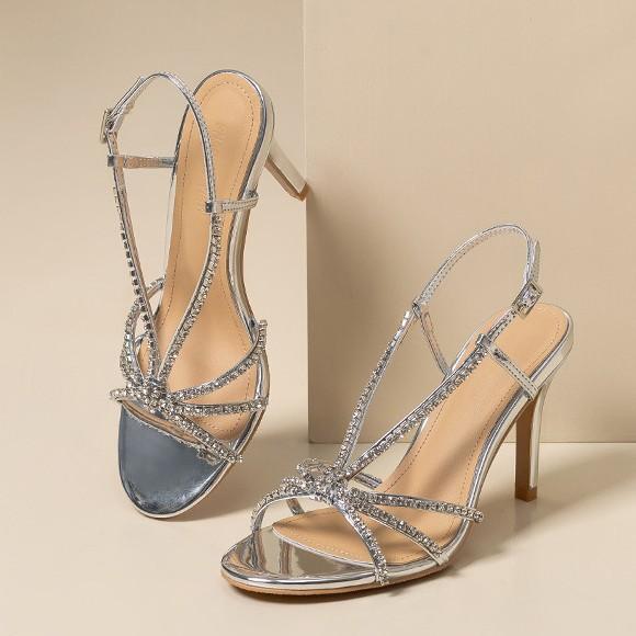 YX Französische Nische Strass High Heels Damen Stiletto Zehenfrei Sexy Feenwind Wort mit Silberriemen Sandalen Sommer