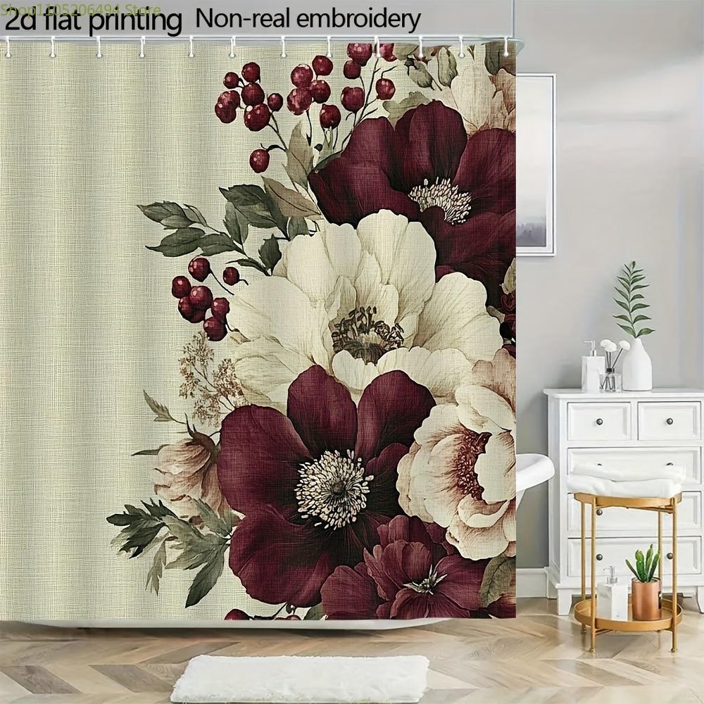 1pc 71x71 Inch Floral Shower Curtain - Large Burgundy & Cream Flowers with Green Leaves, Machine Washable Polyester, Elegant B