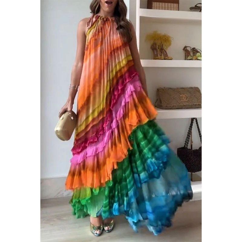 

European and American New Fashion Print Sexy Strapless Puffy Cake Dress Women Flower color S