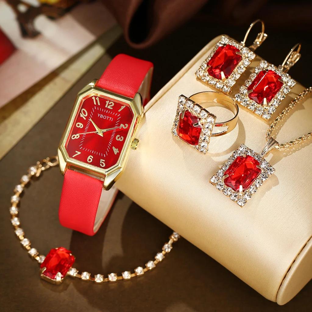Luxury New Leisure Leather Strap Women Watches Business Square Quartz Watches Korean Rhinestone Jewelry Set Montre Femme Elegant