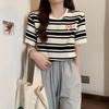 Hong Kong style chic pink striped love round neck short-sleeved T-shirt women's summer new design sense niche loose top