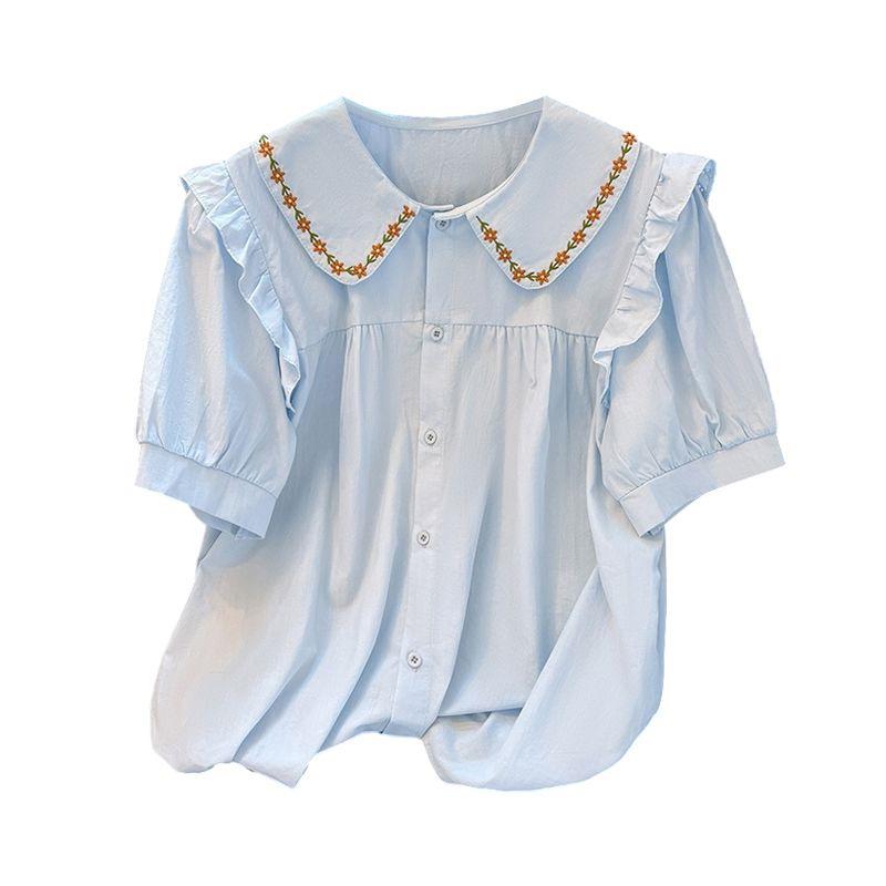 Women's Japanese-Style Sweet Embroidered Shirt with Doll Collar - Summer 2026