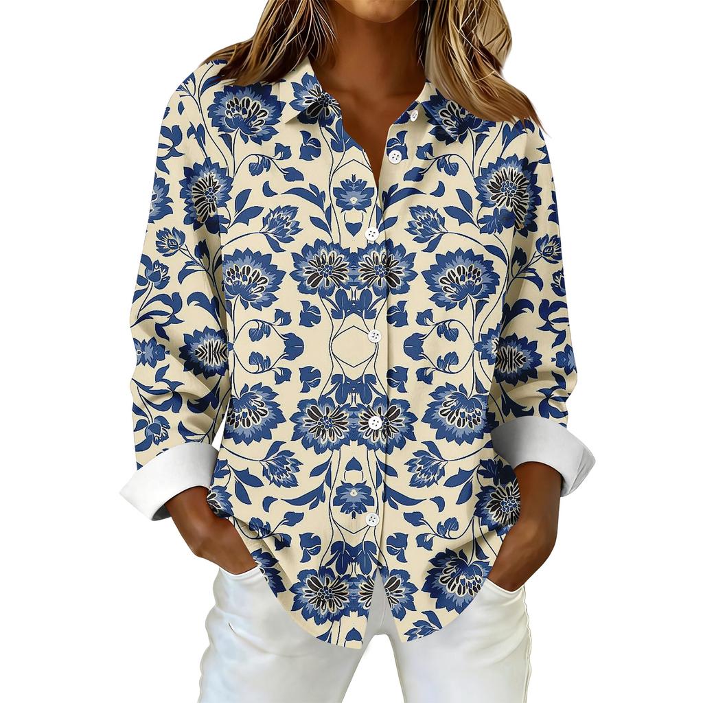 Women's Fashionable Casual Printed Long-Sleeved Button-Up Shirt