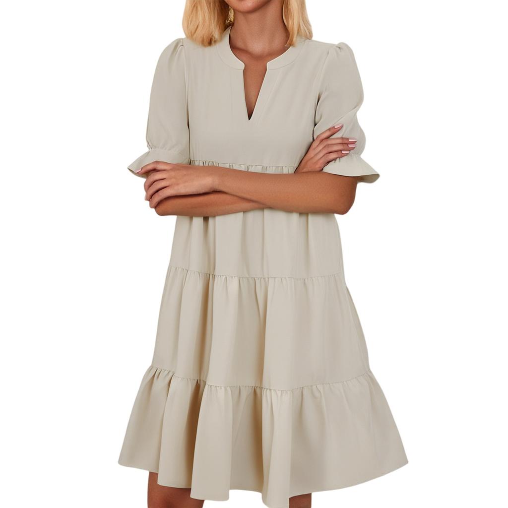 Women's Fashion Casual Slim Middle Sleeve V-Neck Ruffle Dresses