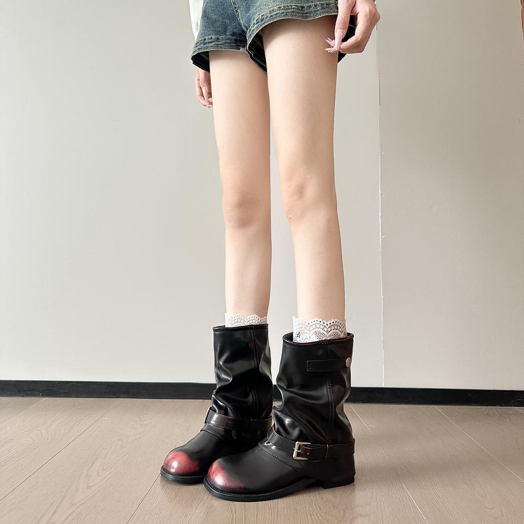 Polished retro stacked leather boots children's medium tube thick heel locomotive Martin boots 2025 autumn new western fashion short boots