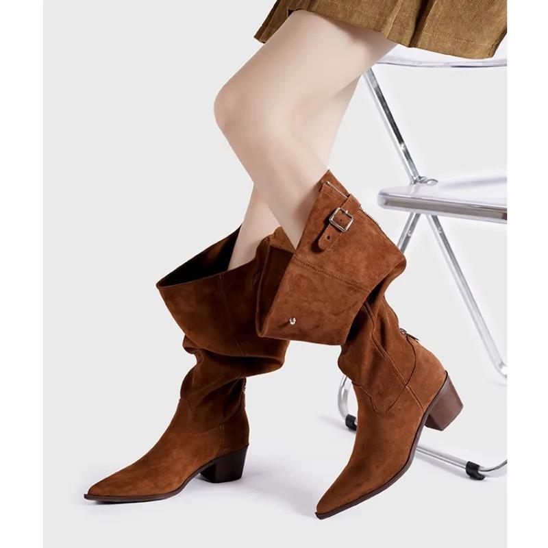Fashion Personalized Design Back Zipper Pointed Low Heel Lazy Pleated Boots European American Retro Western Cowboy Thick Heeled Boots
