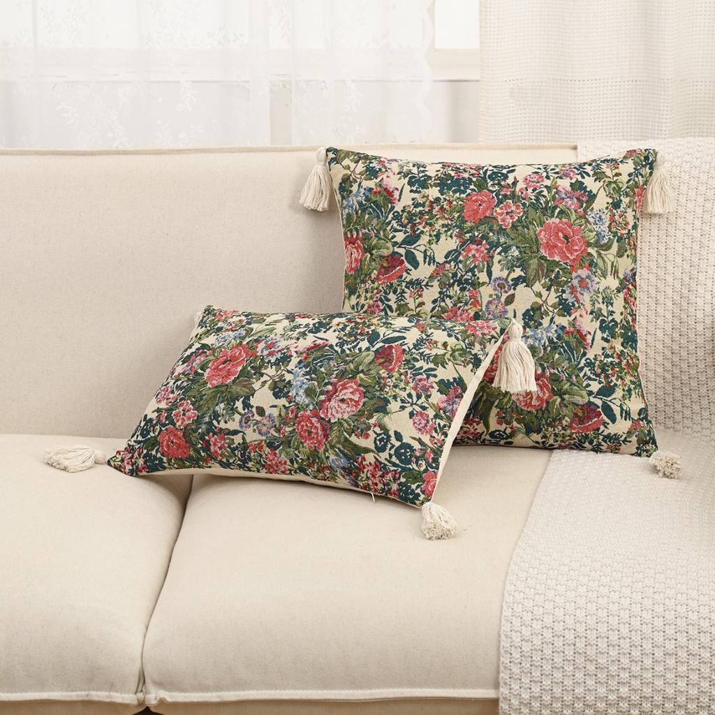 2pc Farmhouse Embroidery Throw Pillow Cover Ethnic Jacquard Cotton Linen for Sofa Couch Rustic Decorative Pillowcase Case