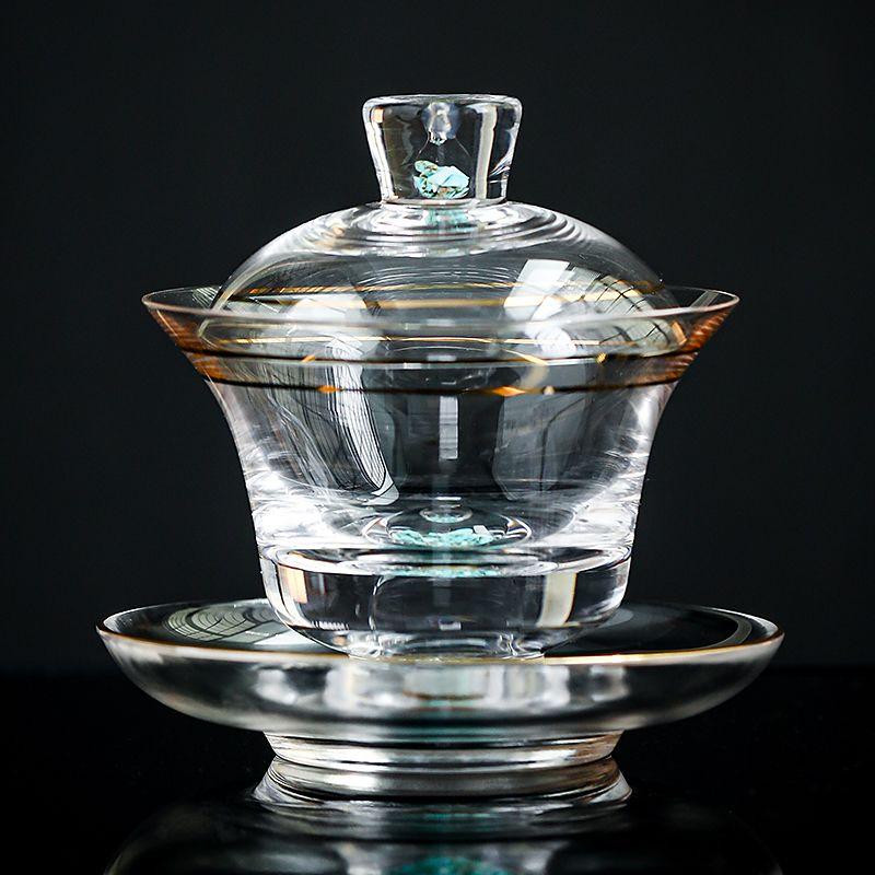 Crystal turquoise transparent glass three talents gold-painted cover bowl set single tea bowl light luxury tea set tea bowl  200ml